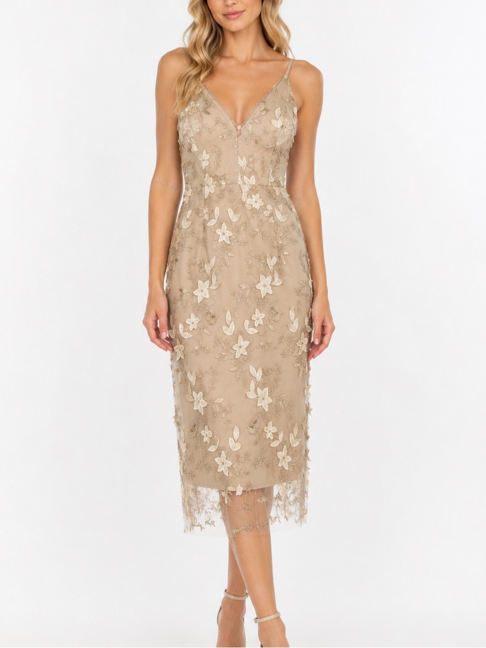 Dress Forum Embroidered Floral Mesh Midi Dress Beige Cream Size Small